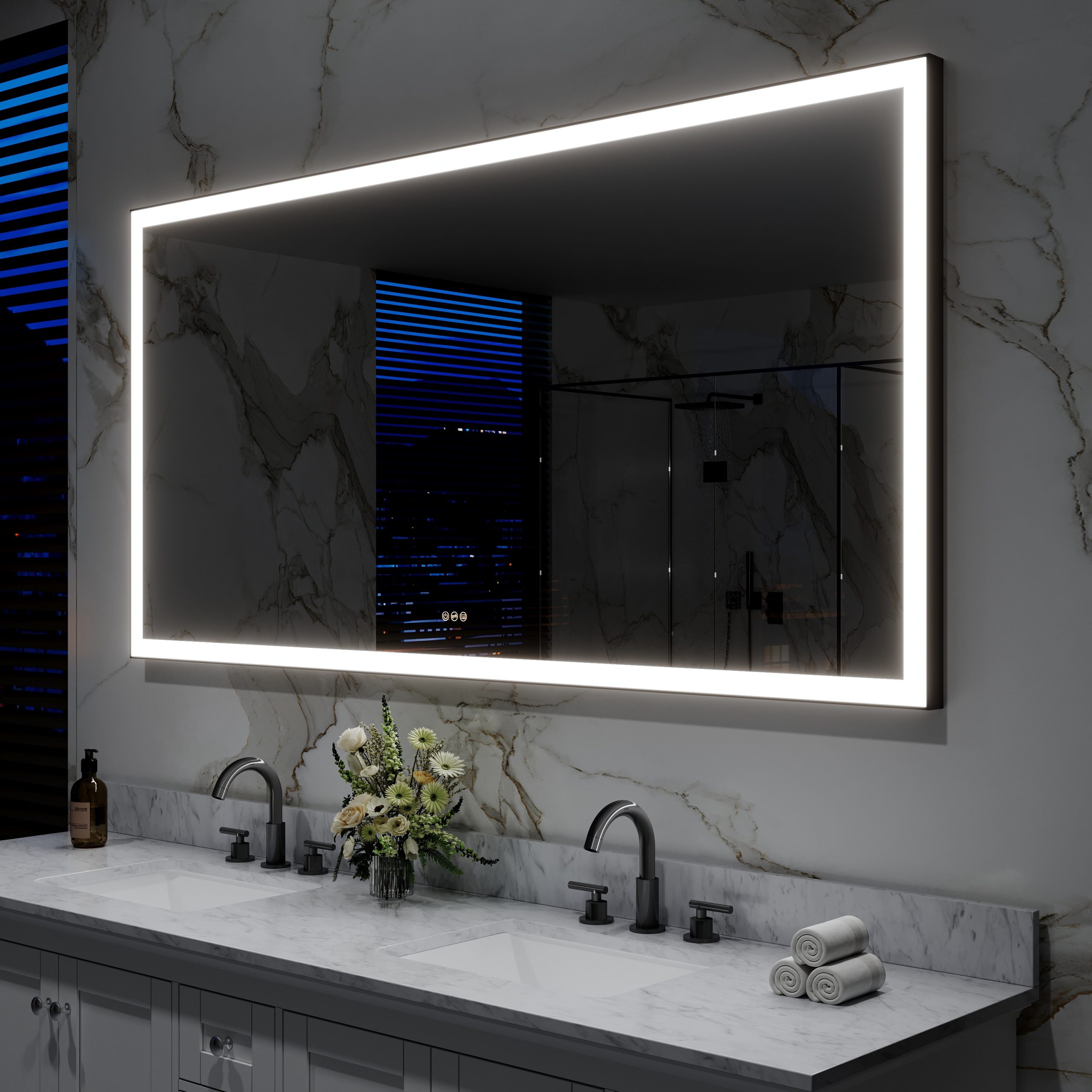 CALVON LED Mirror 72-in x 36-in Framed Rectangle Dimmable LED Lighted Fog Free Bathroom Vanity Mirror ( Matte Black )