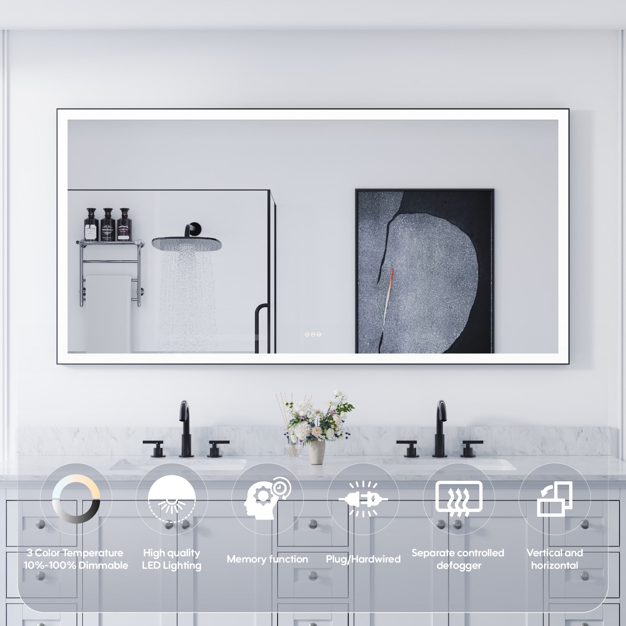 CALVON LED Mirror 72-in x 36-in Framed Rectangle Dimmable LED Lighted Fog Free Bathroom Vanity Mirror ( Matte Black ) - Image 4