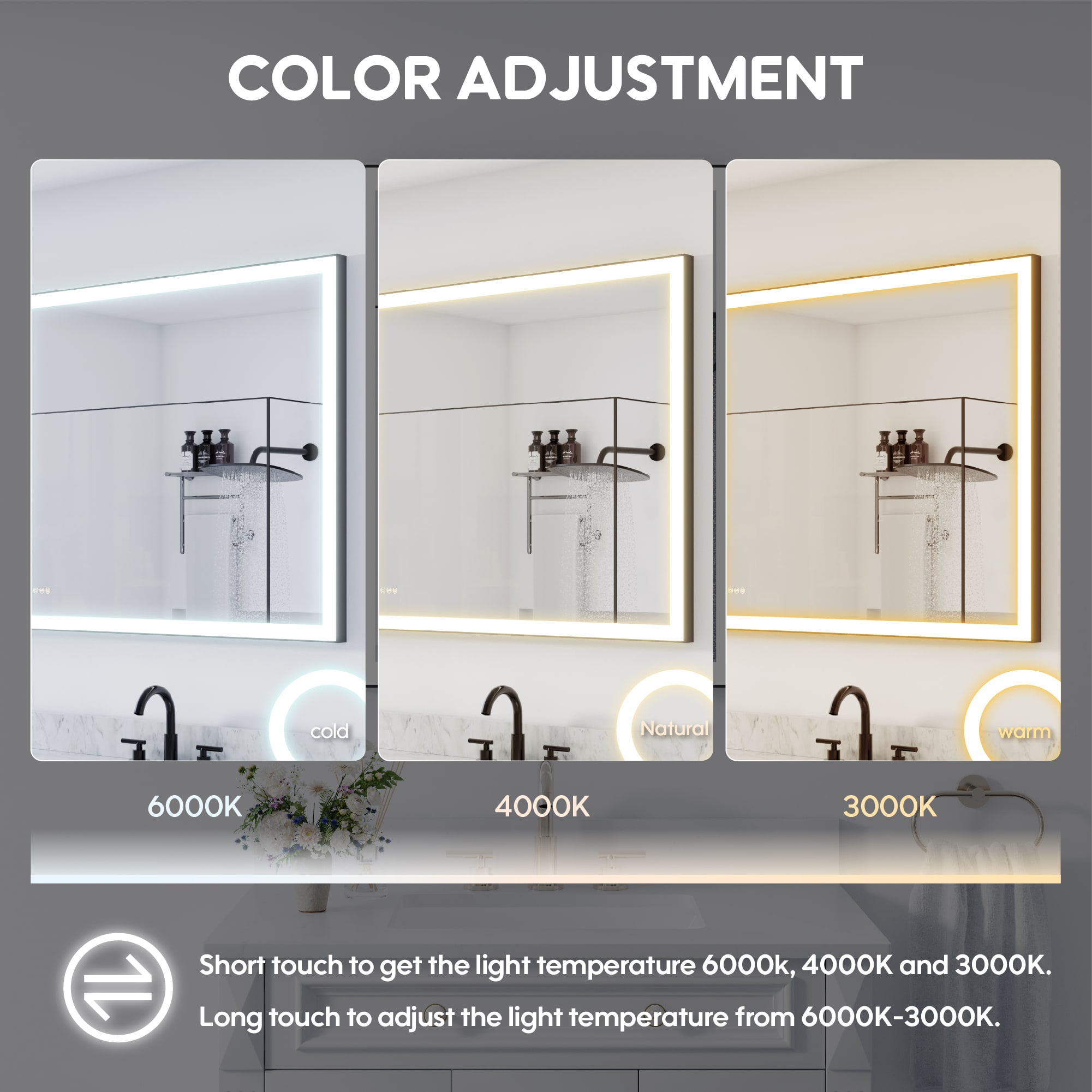 CALVON LED Mirror 72-in x 36-in Framed Rectangle Dimmable LED Lighted Fog Free Bathroom Vanity Mirror ( Matte Black ) - Image 6