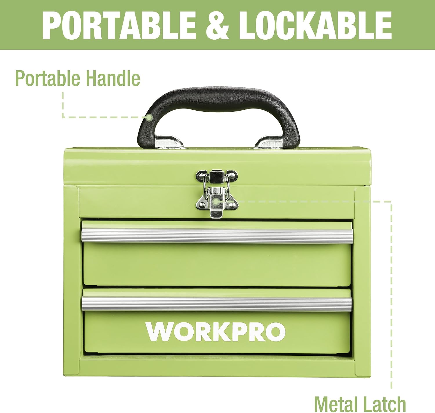 WORKPRO Portable & 12.5" Mini Metal Tool Box, Top Tool Chest Containing Two Drawers, Macaron Green - Image 4