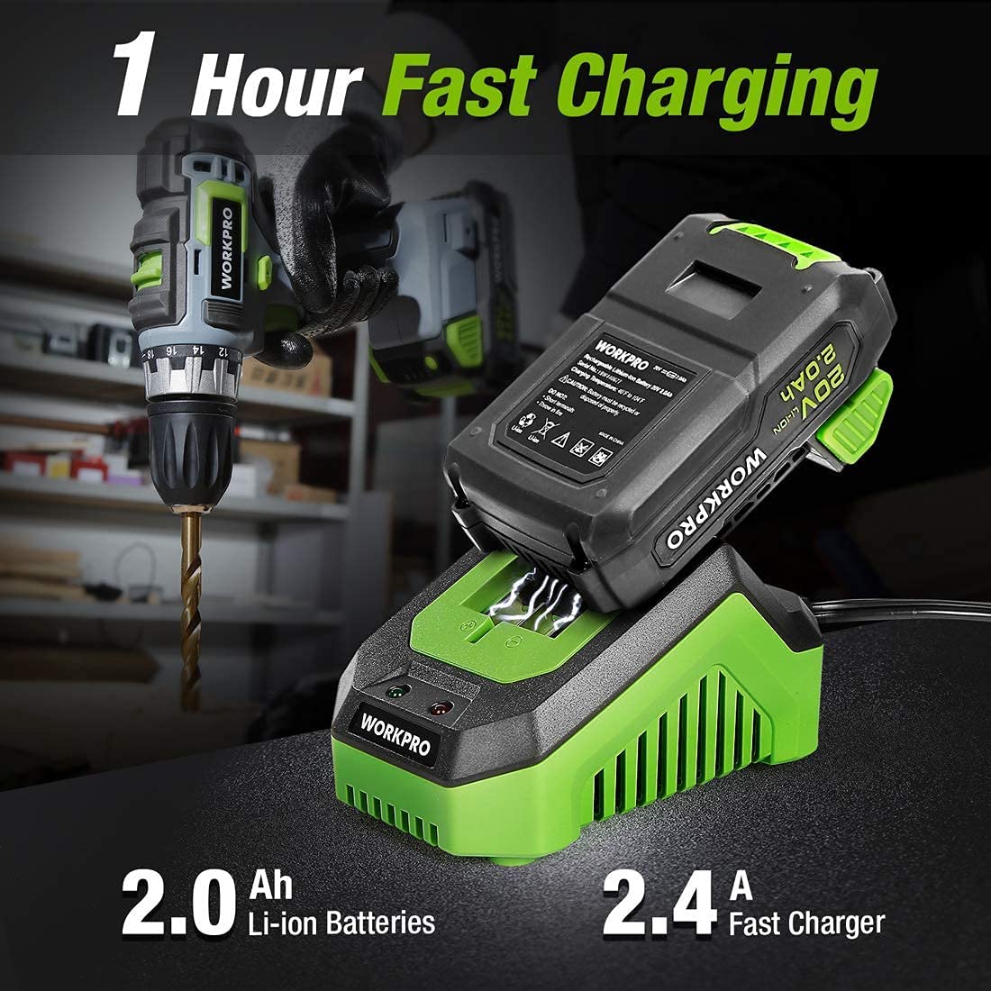 WORKPRO 20V Cordless Drill Combo Kit, Drill Driver and Impact Driver with 2x 2.0Ah Batteries and 1 Hour Fast Charger - Image 3