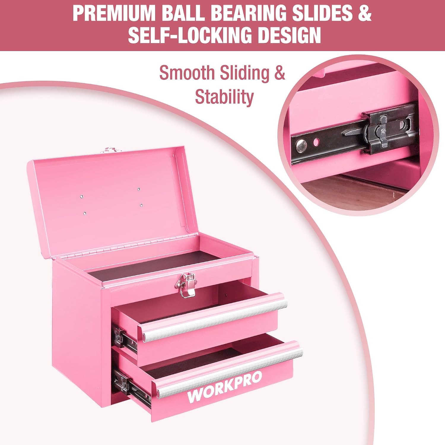 WORKPRO Portable & 12.5" Mini Metal Tool Box, Top Tool Chest Containing Two Drawers - Pink Ribbon - Image 5