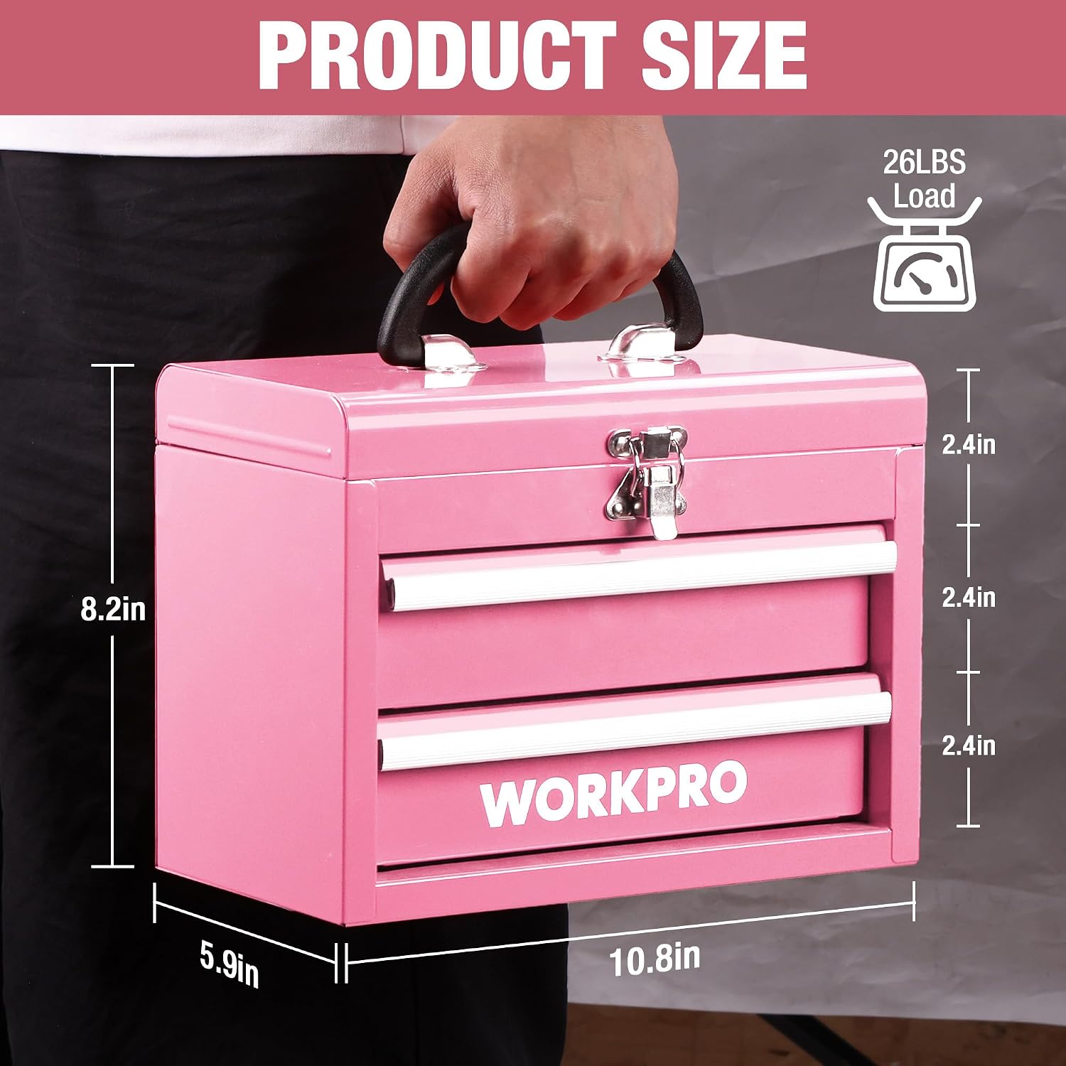 WORKPRO Portable & 12.5" Mini Metal Tool Box, Top Tool Chest Containing Two Drawers - Pink Ribbon - Image 3