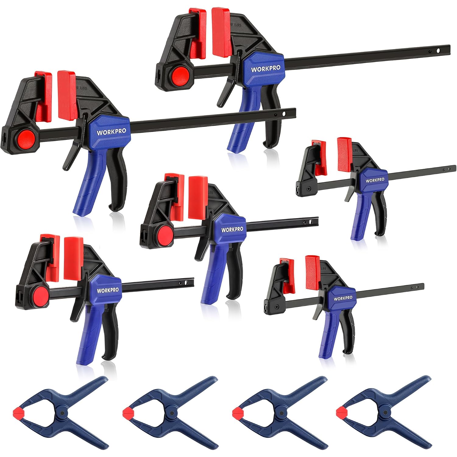 WORKPRO 10-Pack Bar Clamps for Woodworking, 6-Inch (2) Mini & (2) Light Duty and 12-Inch (2) Wood Clamps & 4-1/2-Inch (4) Spring Clamps, F Clamp with 50/150 LBS Load Limited