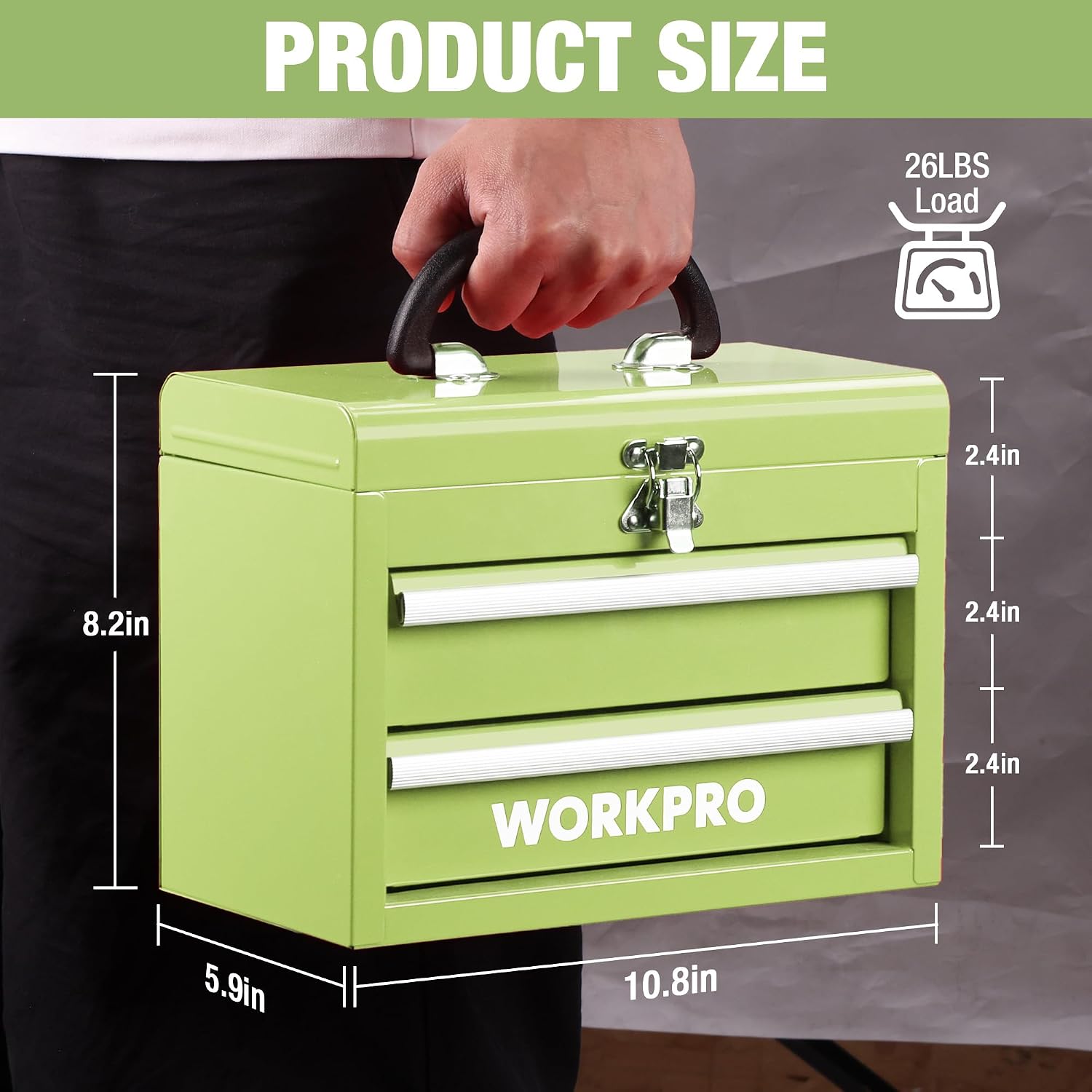 WORKPRO Portable & 12.5" Mini Metal Tool Box, Top Tool Chest Containing Two Drawers, Macaron Green - Image 3