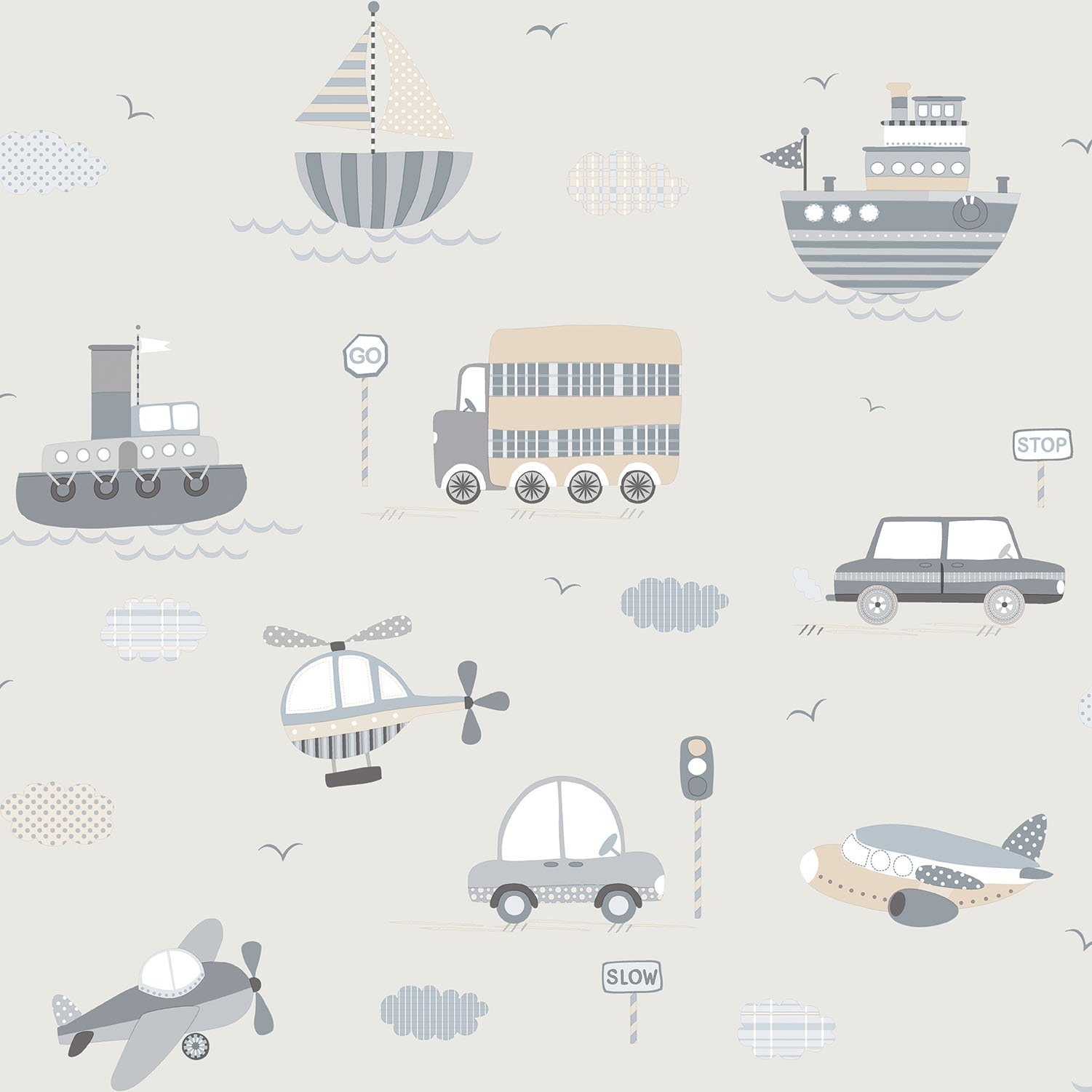 Galerie Tiny Tots 2 Transportation Silver Grey Wallpaper G78417
