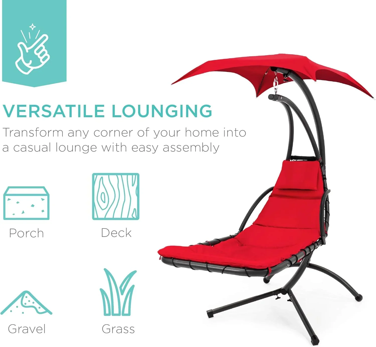 Best Choice Products Outdoor Hanging Curved Steel Chaise Lounge Chair Swing w/Built-in Pillow and Removable Canopy - Charcoal Gray - Image 93
