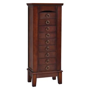 Slickblue Walnut Freestanding Jewelry Cabinet Flip-Top Vanity Mirror 9 Drawers Necklace Hooks Multiple Compartments Jewelry and Accessory Storage