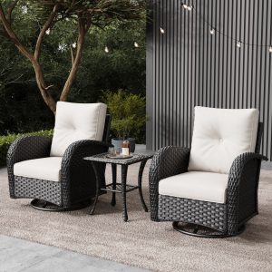 LayinSun 3 -Piece Outdoor Rattan Patio Conversation Set with Beige Cushions