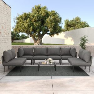 LayinSun 9 -Piece Outdoor Wicker Rope Modular Sectional Sofa Set with Coffee Table