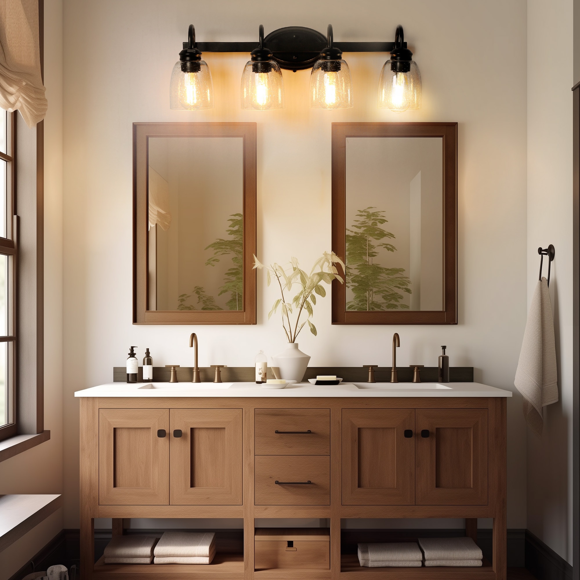 DORESshop 25.2 inch 4 Light Matte Black Modern Bathroom Vanity Light Mirror Wall Light with Black Accents and Seeded Glass Shade - Image 2