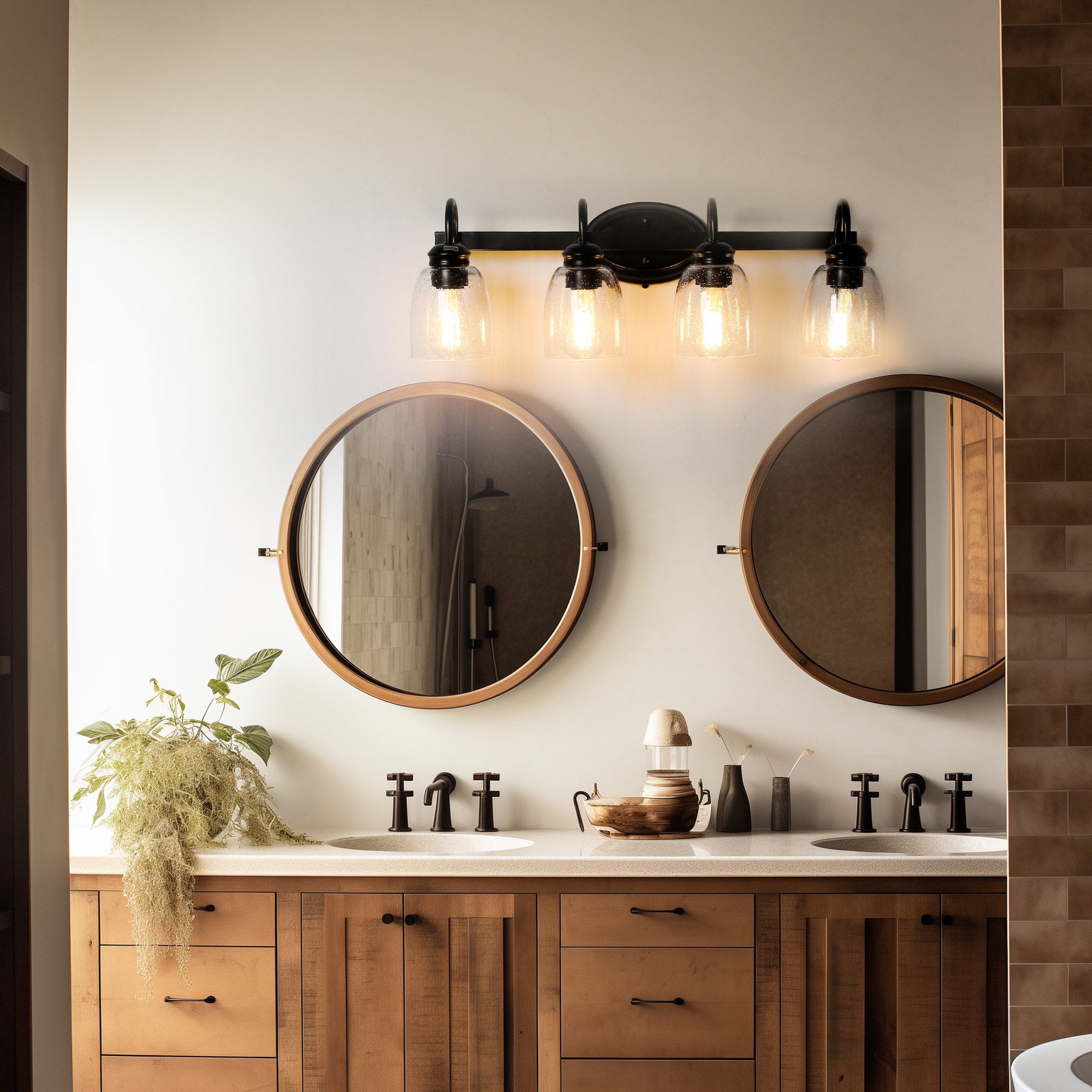 DORESshop 25.2 inch 4 Light Matte Black Modern Bathroom Vanity Light Mirror Wall Light with Black Accents and Seeded Glass Shade - Image 3