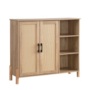 Vynxaria   Mid Century Modern Storage Cabinet with Woven Rattan Doors Open Shelves   Adjustable Shelves for Living Room Dining Room