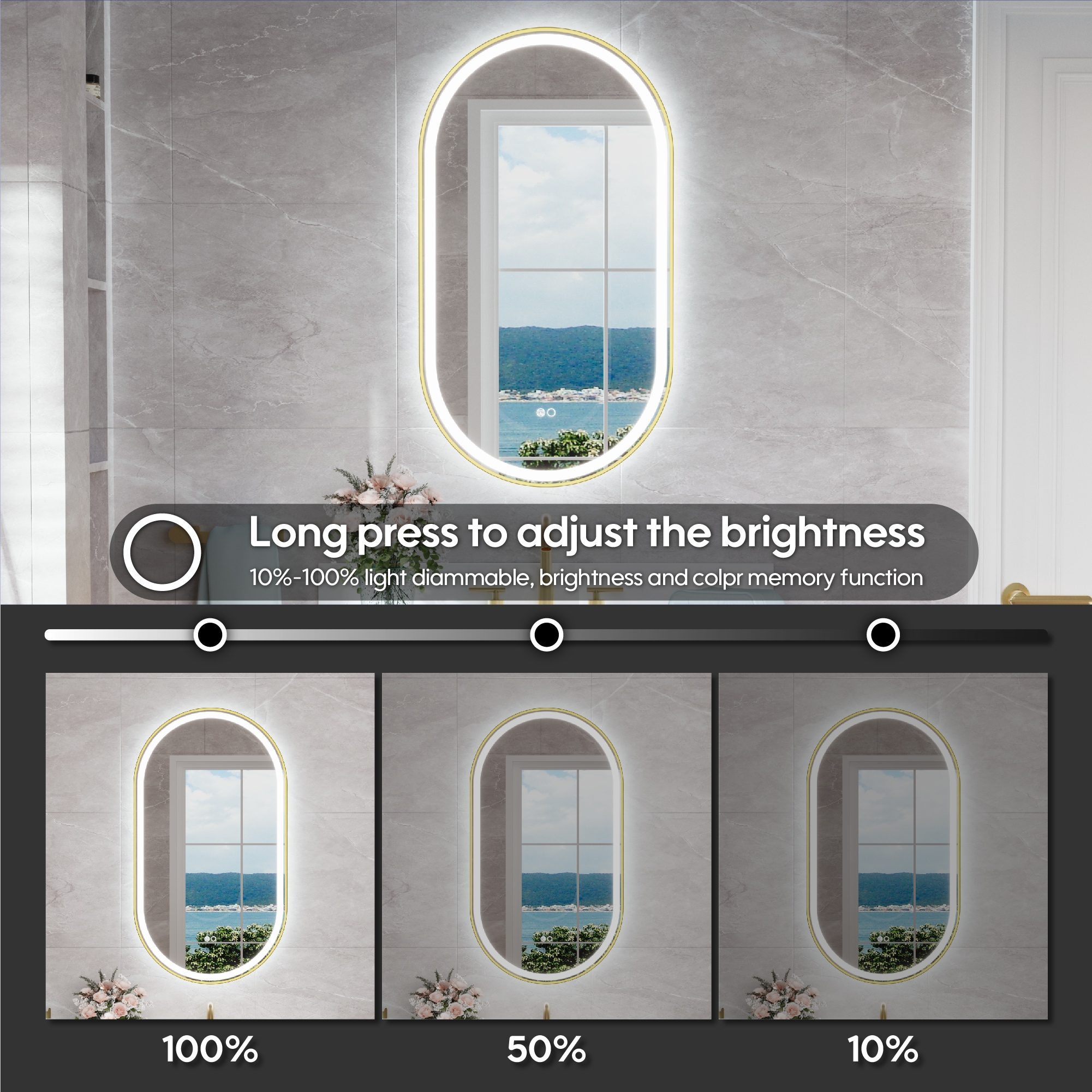CALVON B16 20-in x 36-in Framed Oval Dimmable LED Lighted Fog Free Bathroom Vanity Mirror ( Gold ) - Image 3