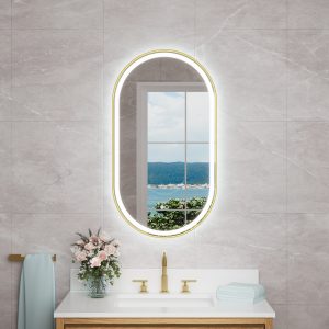 CALVON B16 20-in x 36-in Framed Oval Dimmable LED Lighted Fog Free Bathroom Vanity Mirror ( Gold )