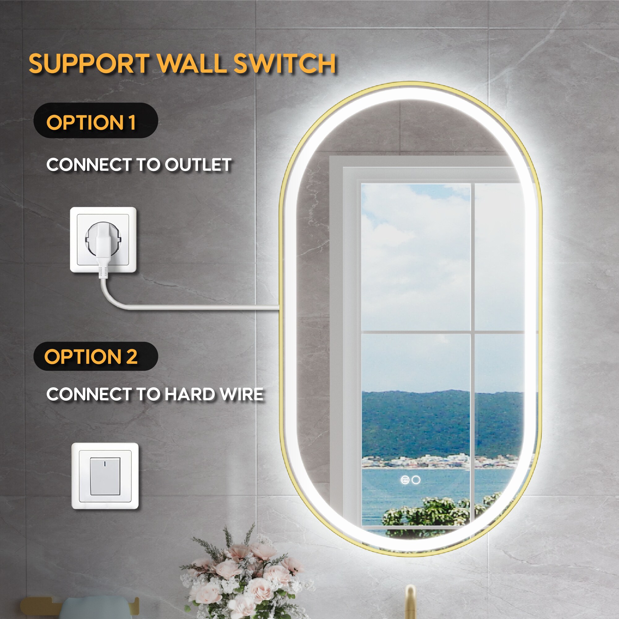 CALVON B16 20-in x 36-in Framed Oval Dimmable LED Lighted Fog Free Bathroom Vanity Mirror ( Gold ) - Image 6