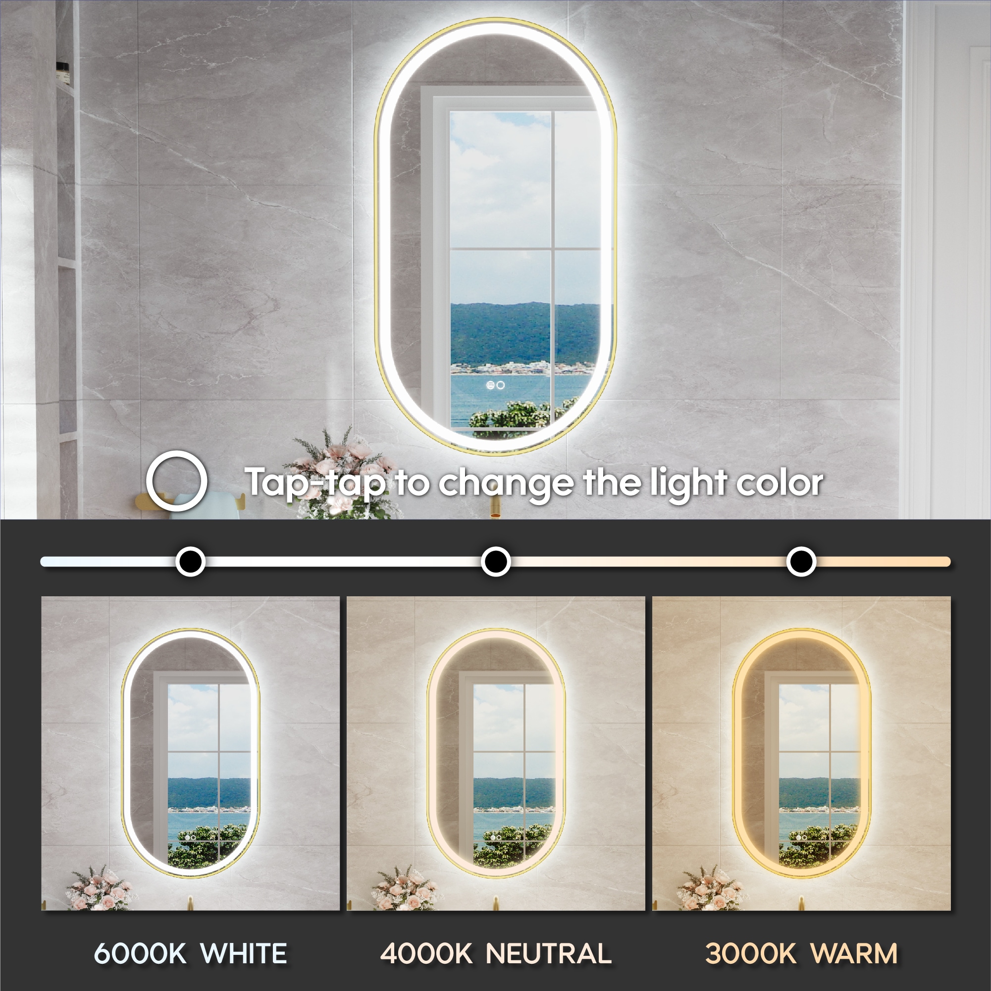 CALVON B16 20-in x 36-in Framed Oval Dimmable LED Lighted Fog Free Bathroom Vanity Mirror ( Gold ) - Image 4
