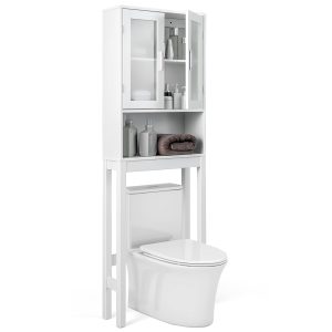 Slickblue Tall Bathroom Storage Rack with Glass Doors and Convenient Open Shelf - 7.5x67x23 White 2-Shelf Over-the-Toilet Storage – Bathroom Powder Room or Laundry Area