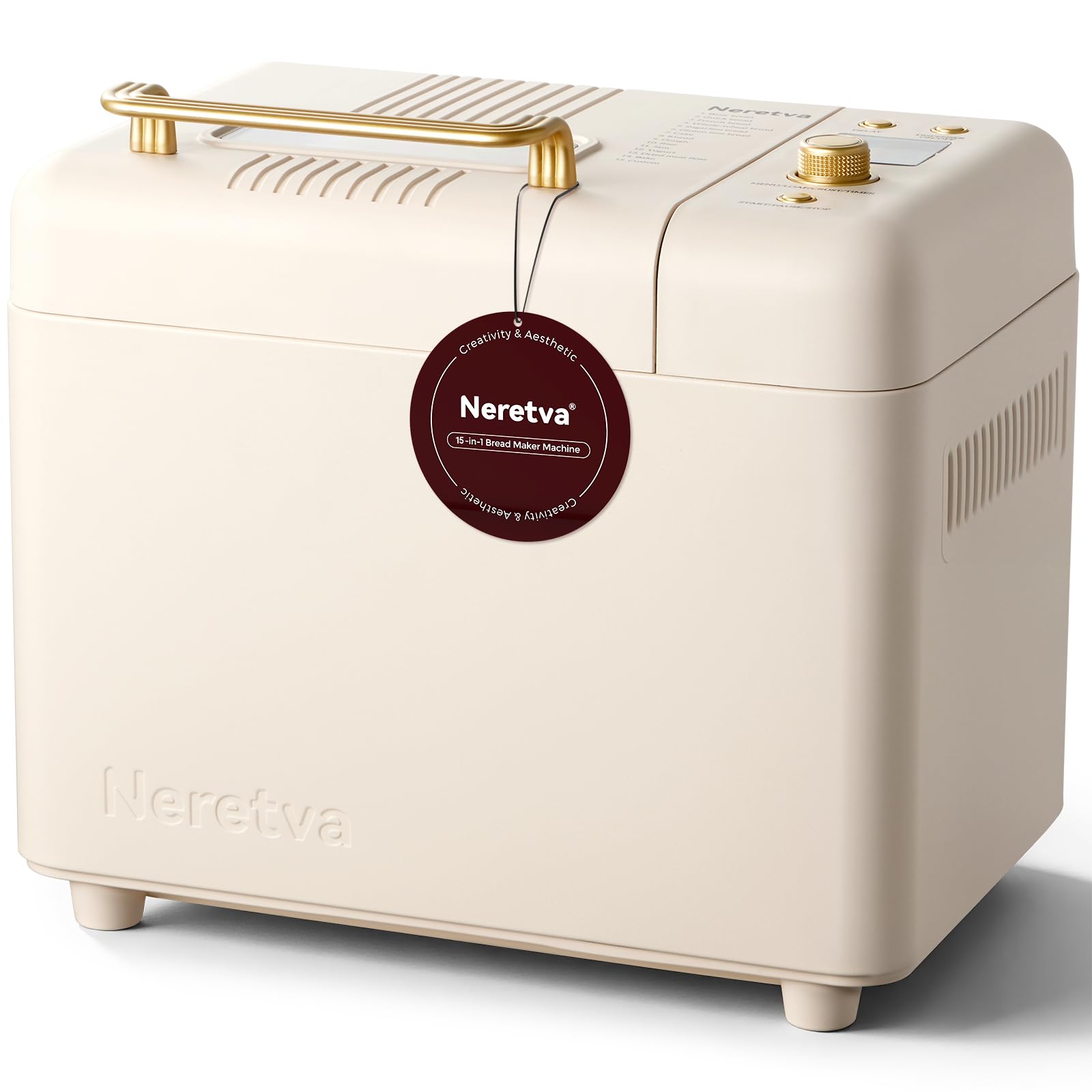 Neretva 2.2LB 15-in-1 Bread Machine with Dual Heater and Auto Nut Dispenser Nonstick Ceramic Pan Bread Maker Machine, Low Noise Breadmaker, 15H Timer & 1H Keep Warm Set for Gluten Free/Sourdough/Yogurt
