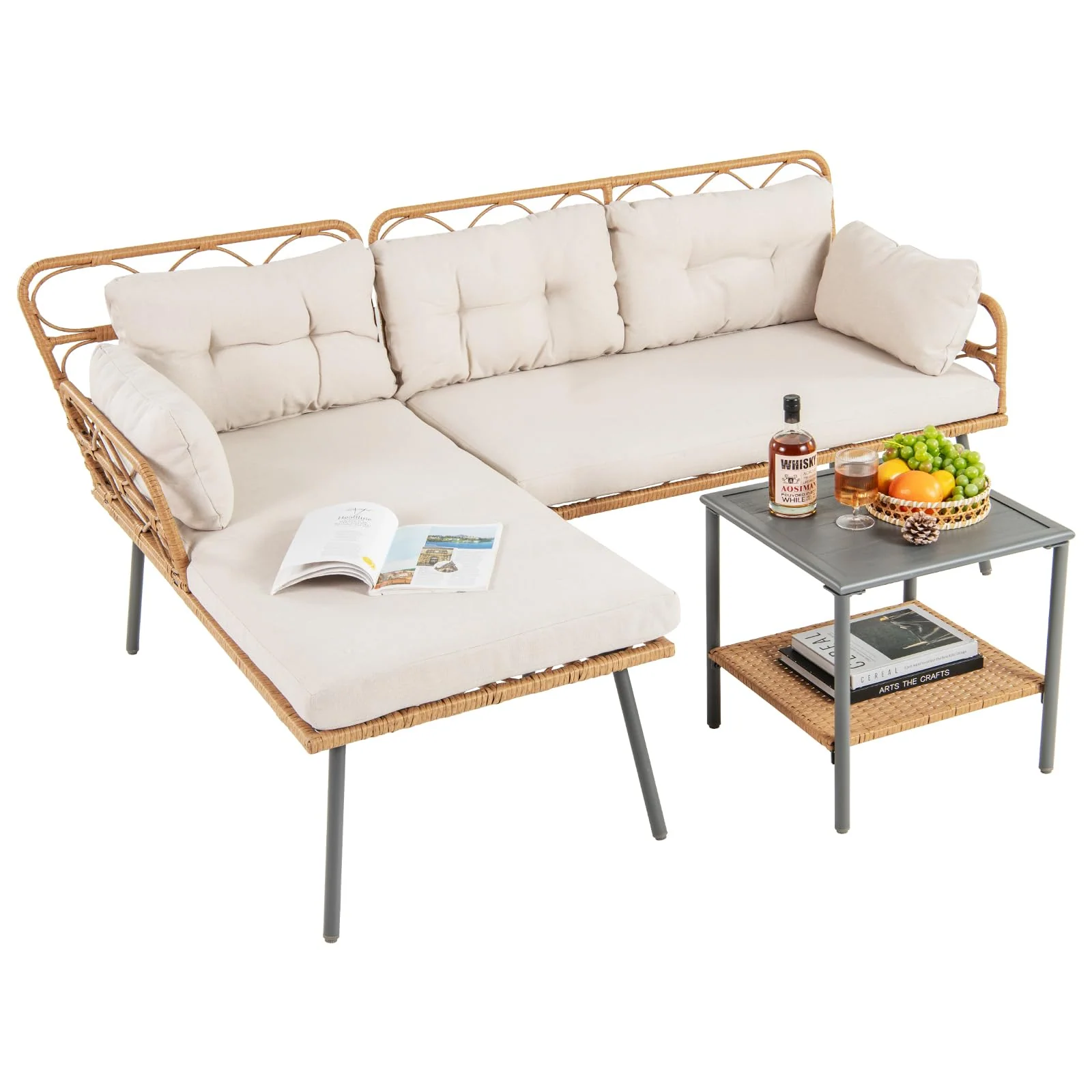 Tangkula 3 Pieces Corner Patio Furniture Set, PE Rattan L-Shaped Cushioned Sofa Set with Small Coffee Table