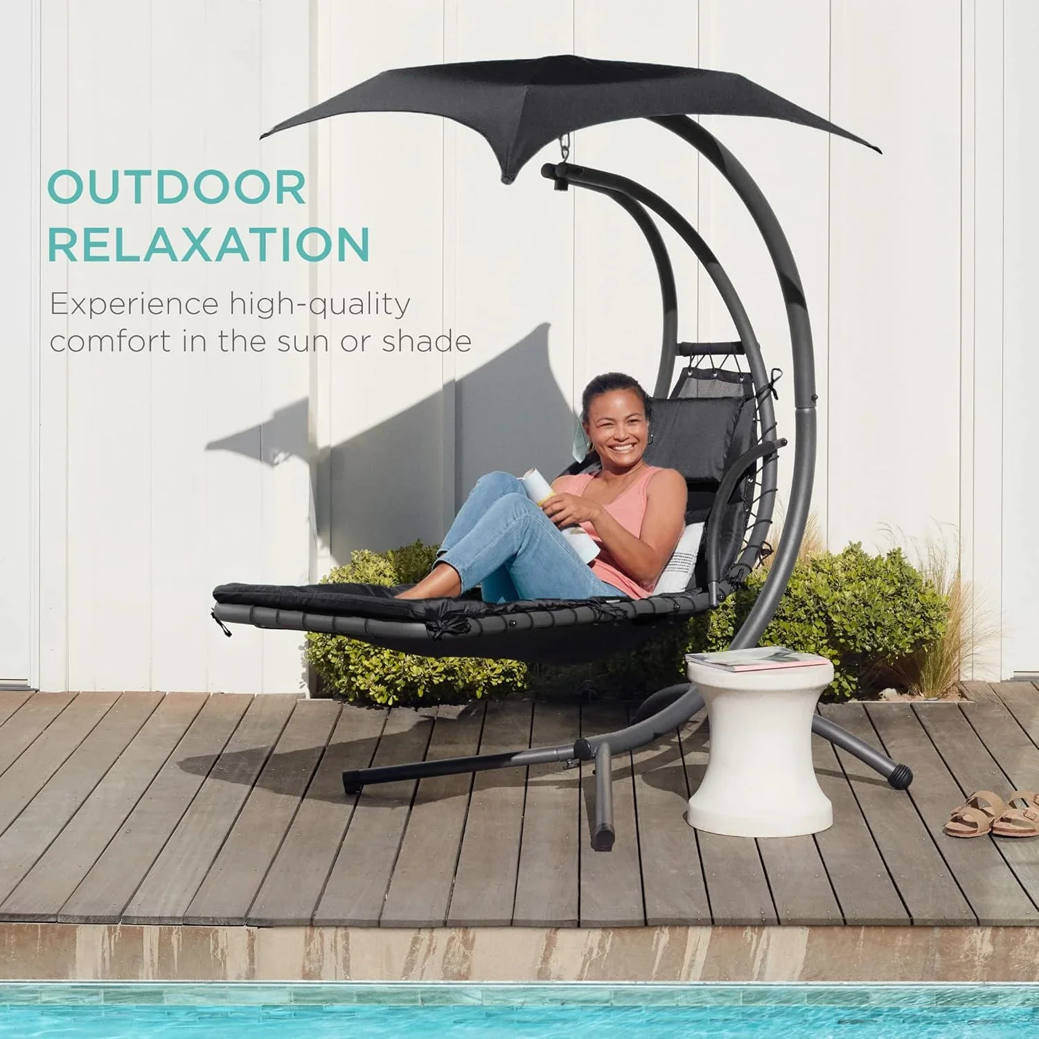 Best Choice Products Outdoor Hanging Curved Steel Chaise Lounge Chair Swing w/Built-in Pillow and Removable Canopy - Charcoal Gray - Image 121