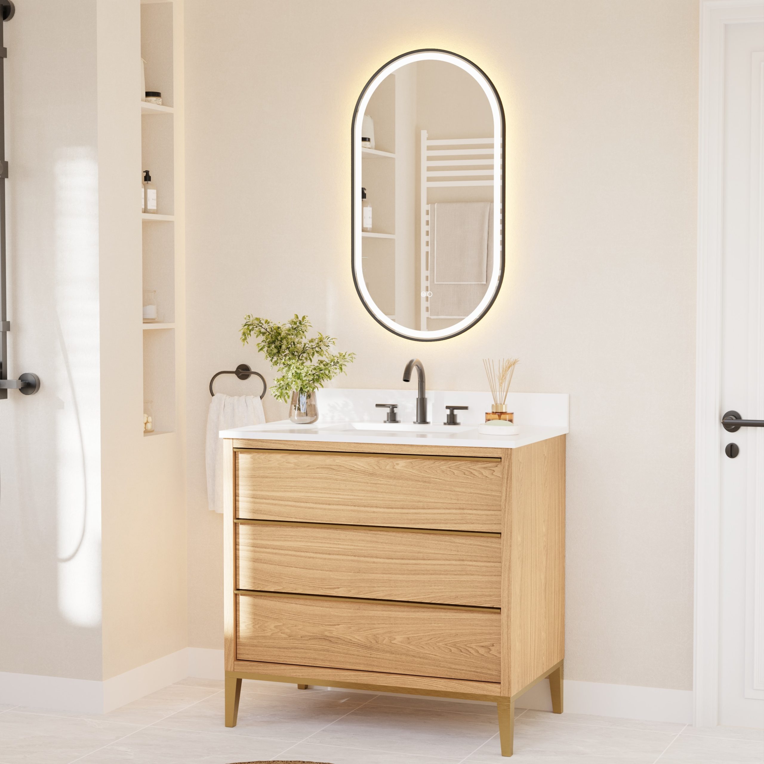 CALVON B16 20-in x 36-in Framed Oval Dimmable LED Lighted Fog Free Bathroom Vanity Mirror ( Black ) - Image 2