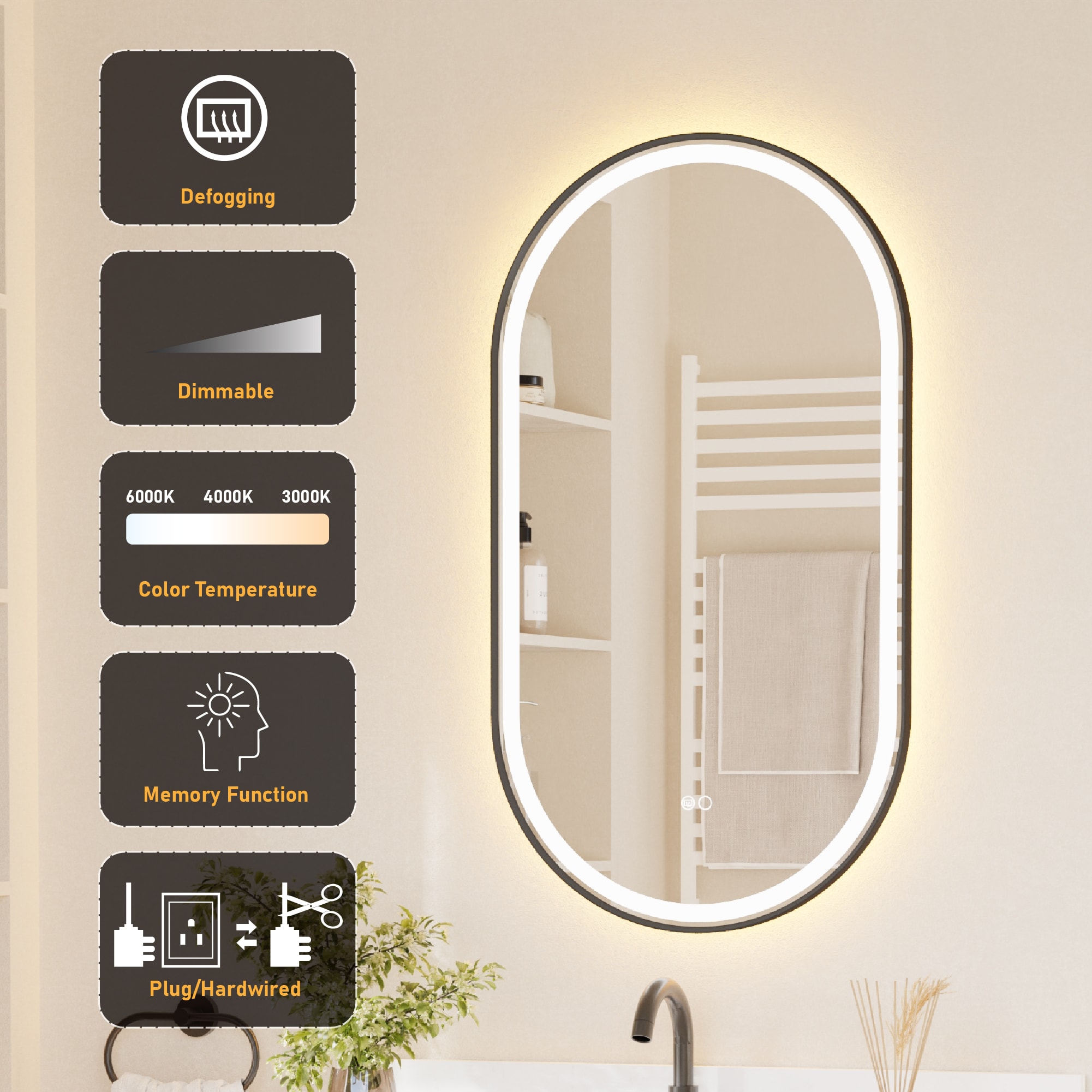 CALVON B16 20-in x 36-in Framed Oval Dimmable LED Lighted Fog Free Bathroom Vanity Mirror ( Black ) - Image 7