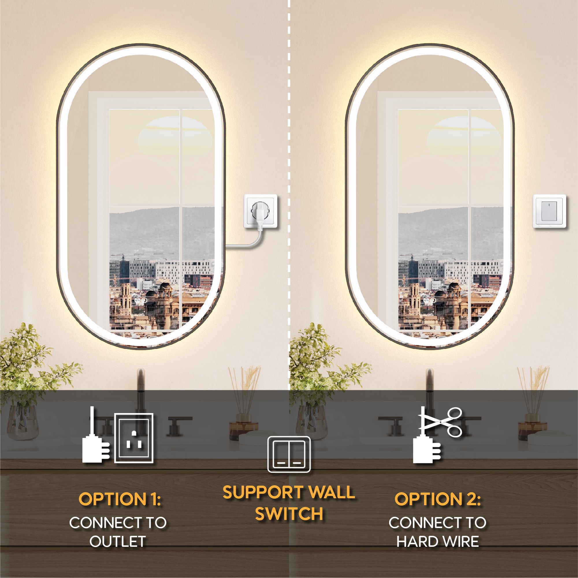 CALVON B16 20-in x 36-in Framed Oval Dimmable LED Lighted Fog Free Bathroom Vanity Mirror ( Black ) - Image 3