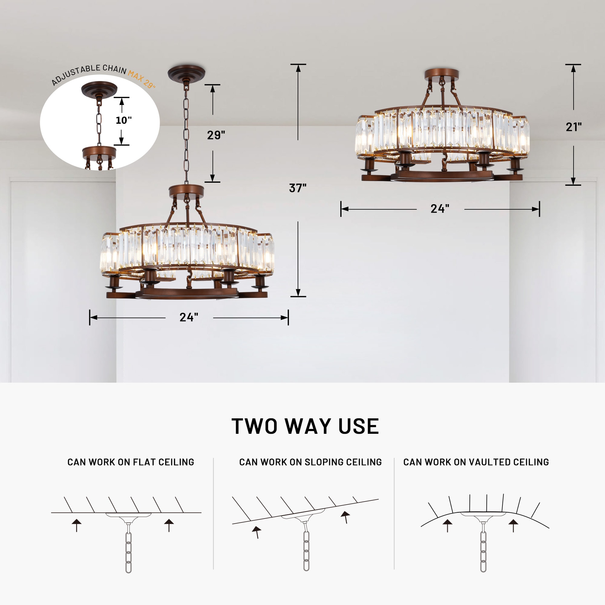 EFPERFECT 24-Inch Rustic Round Crystal Flush Mount with 6 Lights Brown Chandelier Adjustable for Dining Living Room and Foyer - Image 4