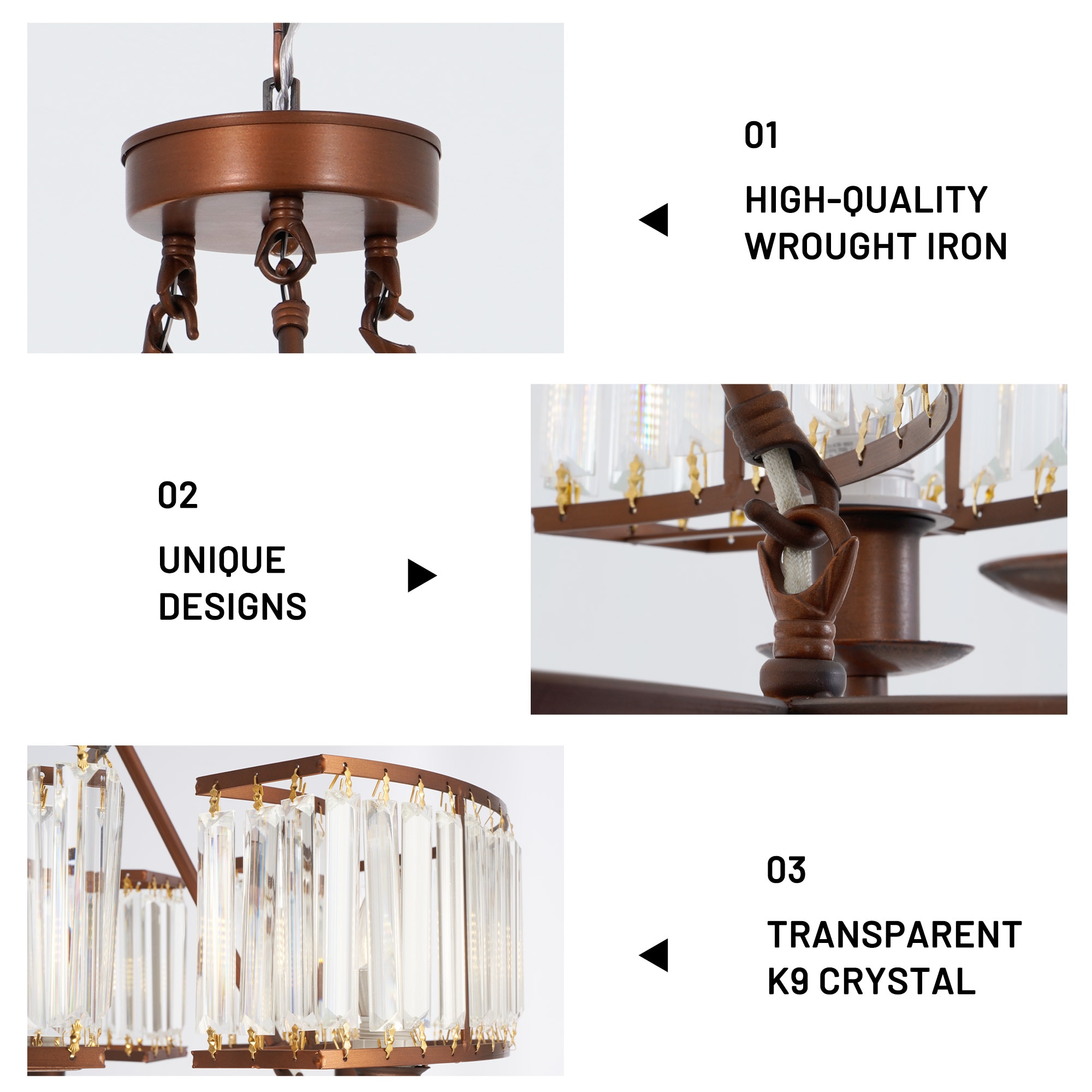 EFPERFECT 24-Inch Rustic Round Crystal Flush Mount with 6 Lights Brown Chandelier Adjustable for Dining Living Room and Foyer - Image 7