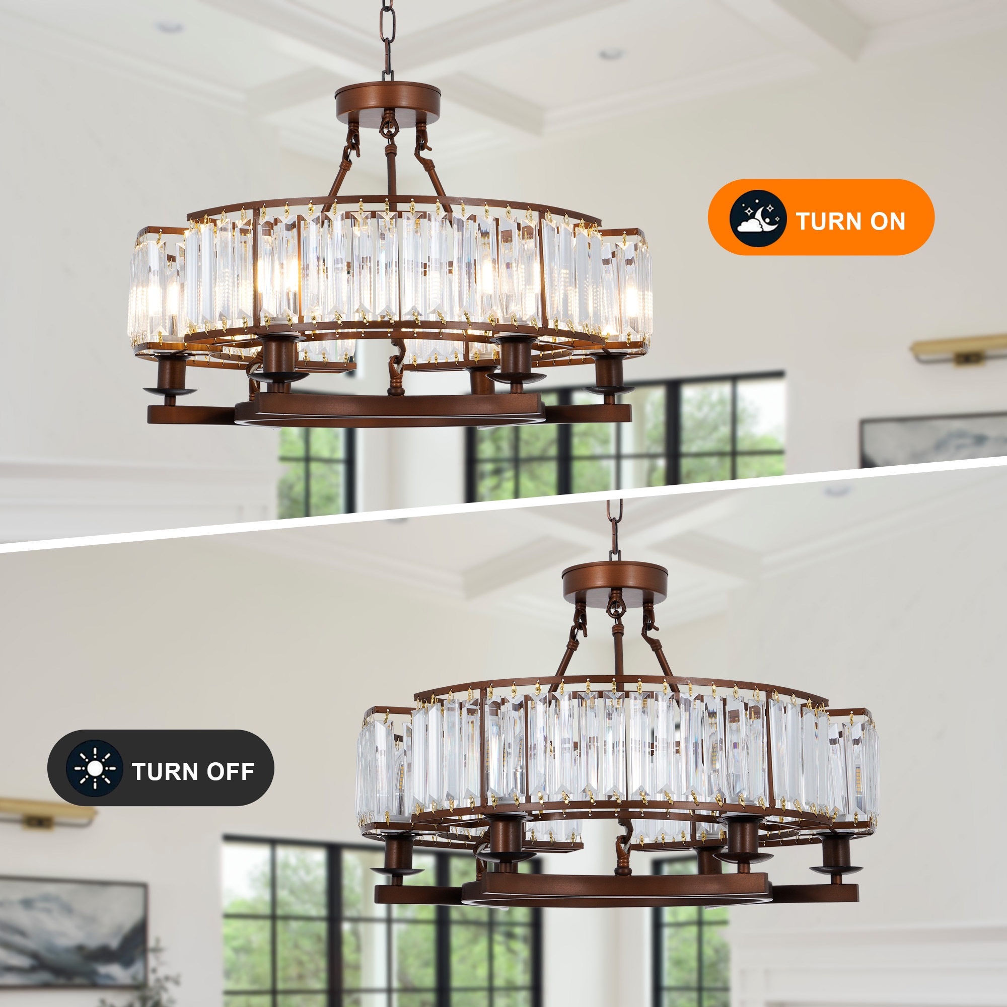 EFPERFECT 24-Inch Rustic Round Crystal Flush Mount with 6 Lights Brown Chandelier Adjustable for Dining Living Room and Foyer - Image 5