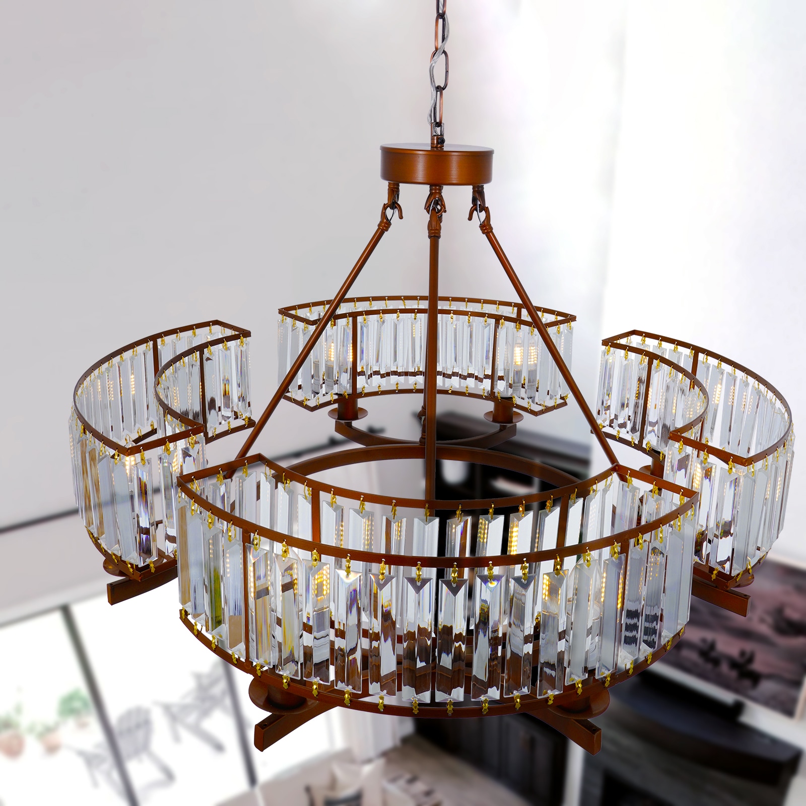 EFPERFECT 24-Inch Rustic Round Crystal Flush Mount with 6 Lights Brown Chandelier Adjustable for Dining Living Room and Foyer - Image 8