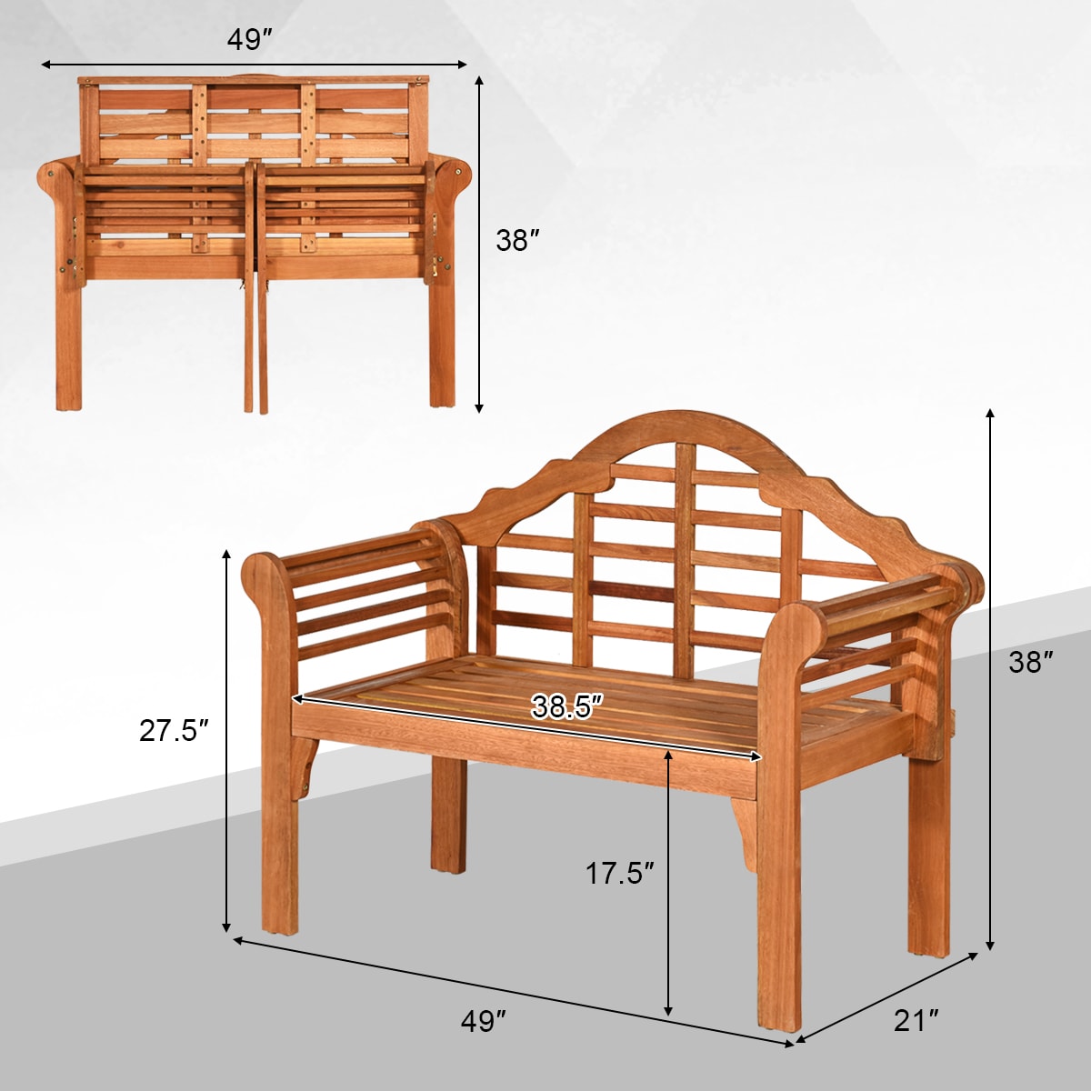 Slickblue 49 Inch W x 38 Inch H- Eucalyptus Wood Outdoor Folding Bench with Backrest and Armrests for Patio Porch Garden Seating - Image 4