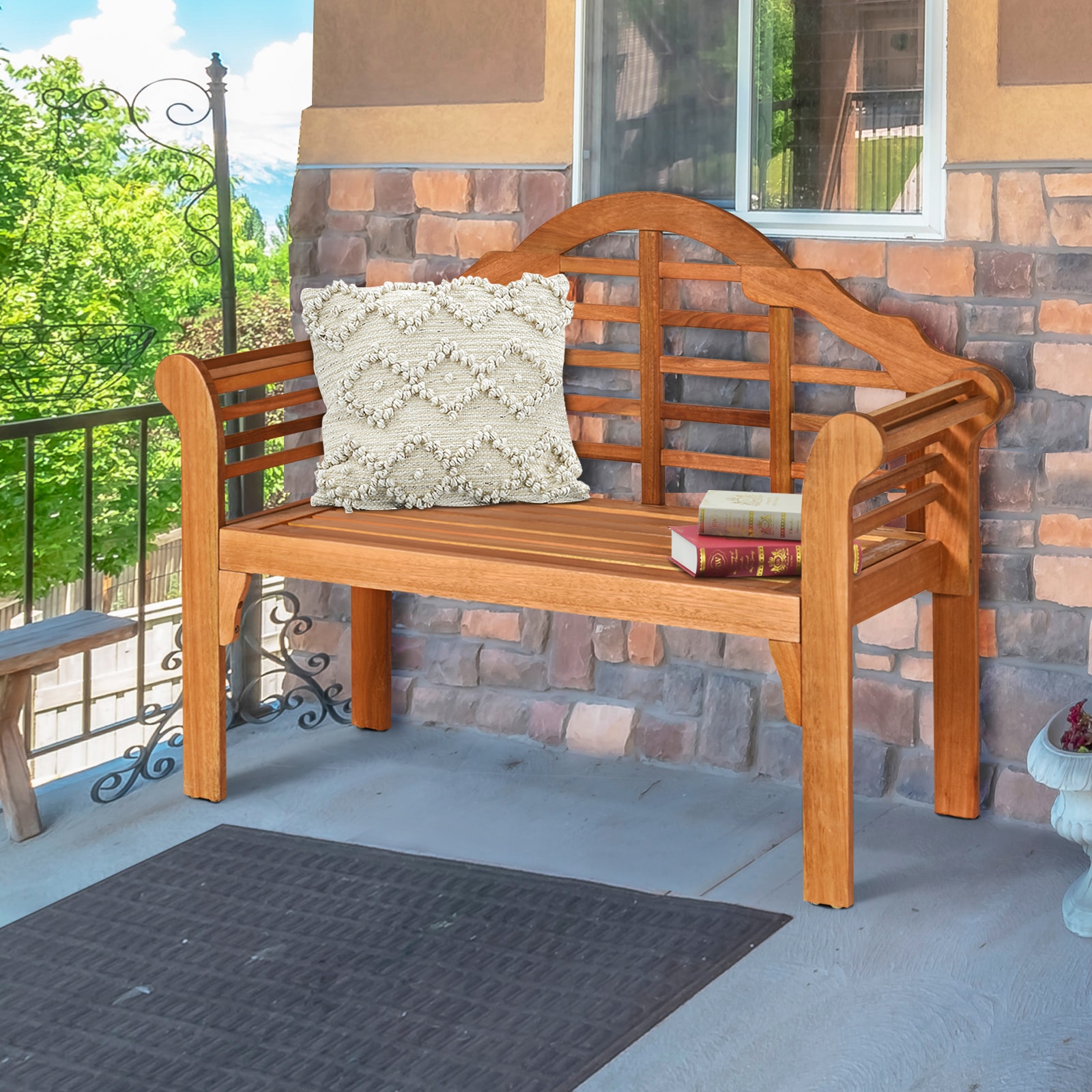 Slickblue 49 Inch W x 38 Inch H- Eucalyptus Wood Outdoor Folding Bench with Backrest and Armrests for Patio Porch Garden Seating - Image 2