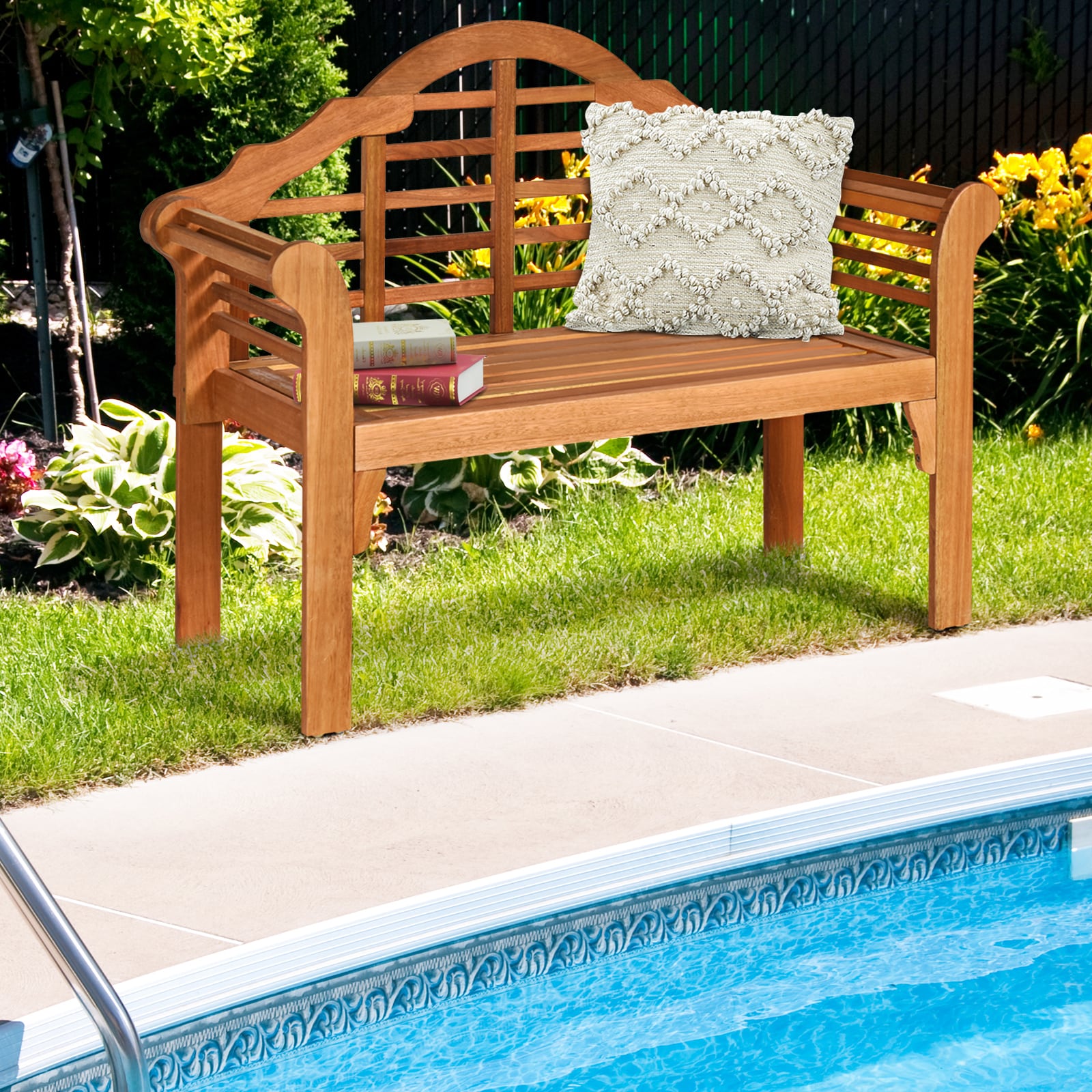 Slickblue 49 Inch W x 38 Inch H- Eucalyptus Wood Outdoor Folding Bench with Backrest and Armrests for Patio Porch Garden Seating - Image 3