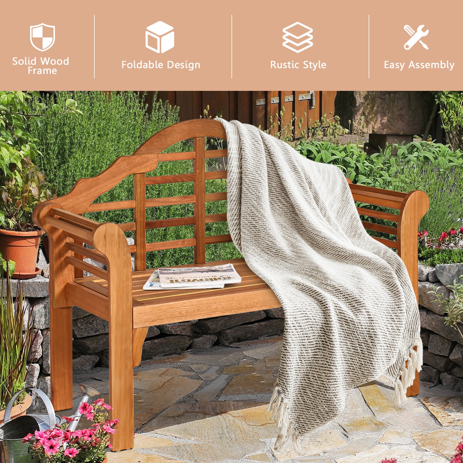 Slickblue 49 Inch W x 38 Inch H- Eucalyptus Wood Outdoor Folding Bench with Backrest and Armrests for Patio Porch Garden Seating - Image 7