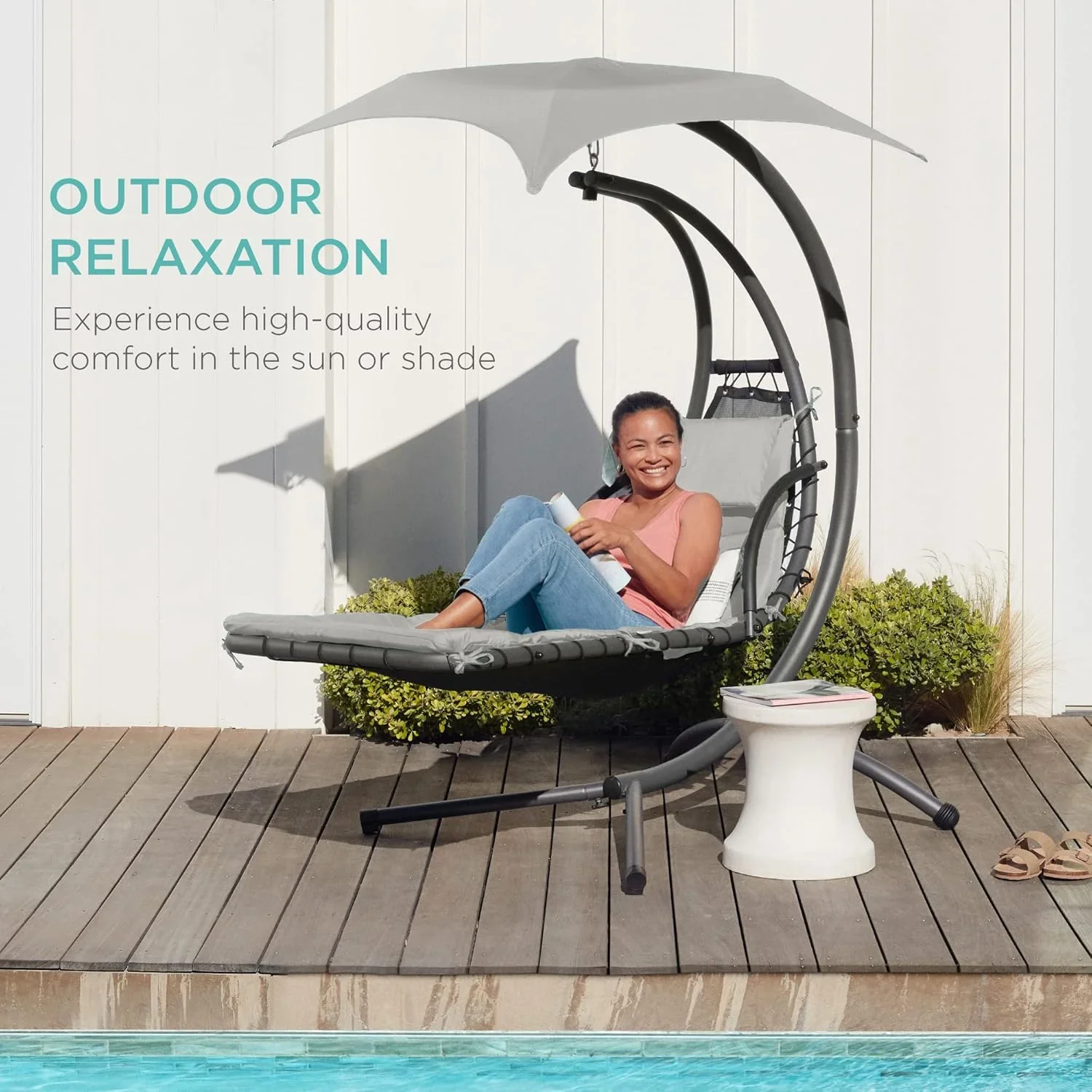 Best Choice Products Outdoor Hanging Curved Steel Chaise Lounge Chair Swing w/Built-in Pillow and Removable Canopy - Charcoal Gray - Image 108