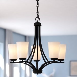 Cascadia River Grove 5 -Light Matte Black Textured glass Steel Chandelier