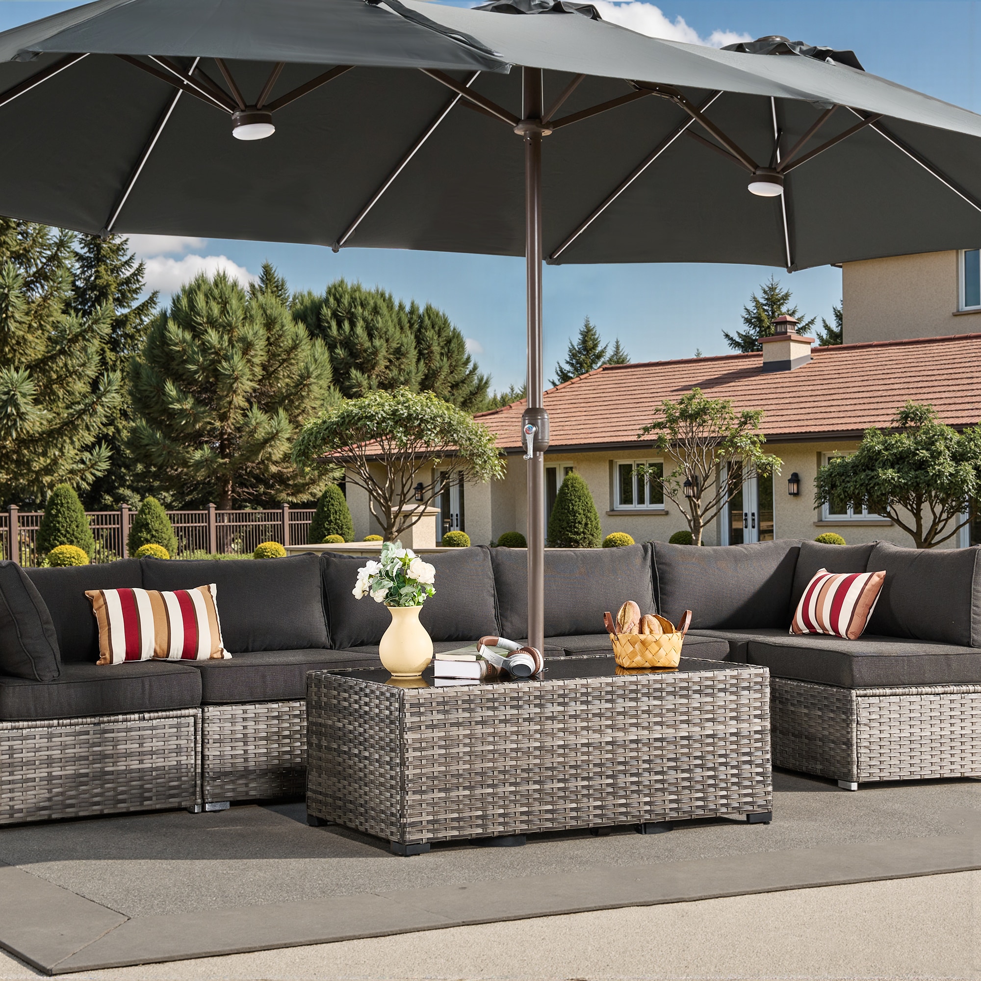 Ovios Rectangle Rattan Outdoor Coffee Table 27.56-in W x 47.24-in L with Umbrella Hole