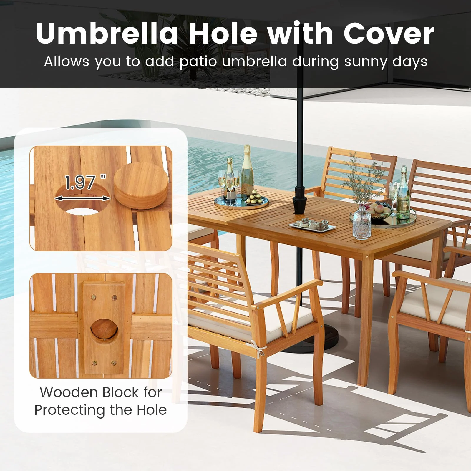 Tangkula 6 Pieces Acacia Wood Patio Dining Set with Bench - Image 5