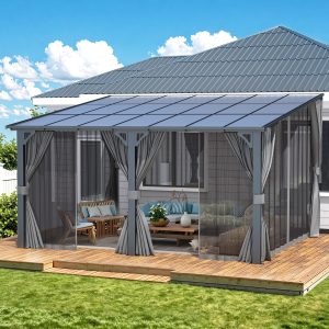 AECOJOY  14' x 12' Wall-Mounted&nbsp;Lean&nbsp;to&nbsp;Gazebo&nbsp;Pergola&nbsp;with&nbsp;Curtains&nbsp;and&nbsp;Netting