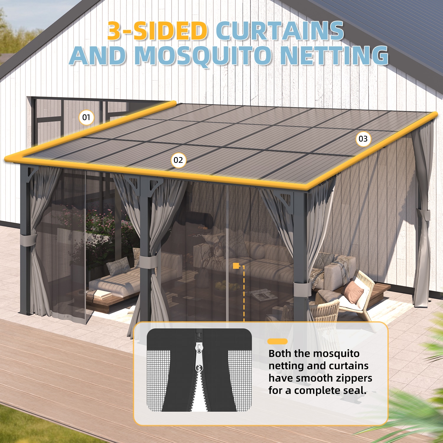 AECOJOY 14' x 12' Wall-Mounted Lean to Gazebo Pergola with Curtains and Netting - Image 3