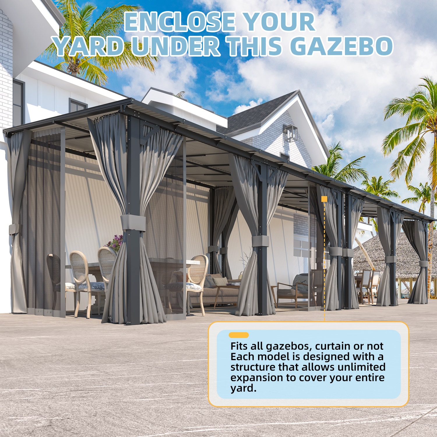 AECOJOY 14' x 12' Wall-Mounted Lean to Gazebo Pergola with Curtains and Netting - Image 2