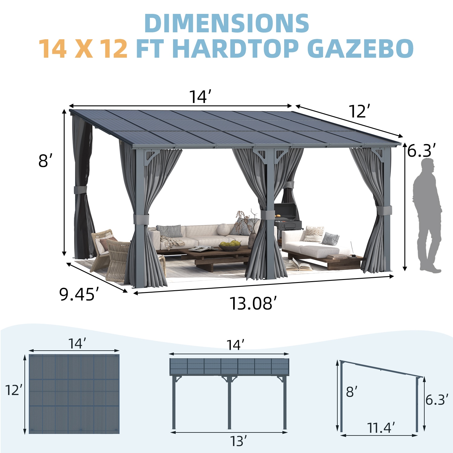 AECOJOY 14' x 12' Wall-Mounted Lean to Gazebo Pergola with Curtains and Netting - Image 4