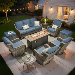 Pouuin 10 -Piece Wicker Blue Patio Conversation Set