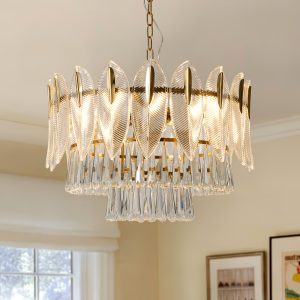 EFPERFECT 9-Light Modern Gold Crystal Chandelier 24 Inch Multi-Tier Flush Mount Ceiling Light for Bedroom