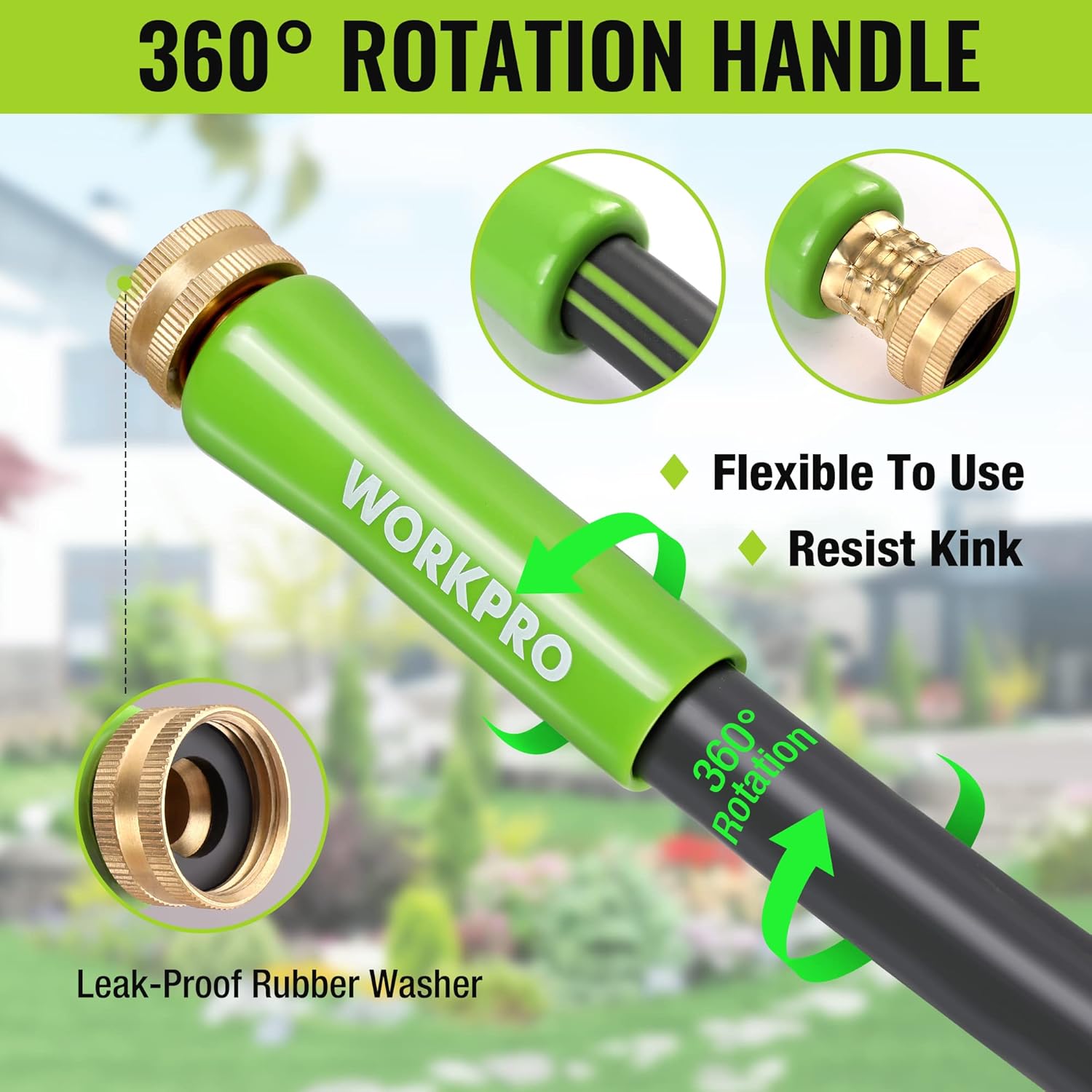 WORKPRO Garden Hose 5/8" x 50FT, Heavy Duty | Flexible & Lightweight, Rotary Handle, 3/4" GHT Brass Fittings, All-Weather Outdoor, for Lawn, Garden, Yard & Car Wash - Image 6