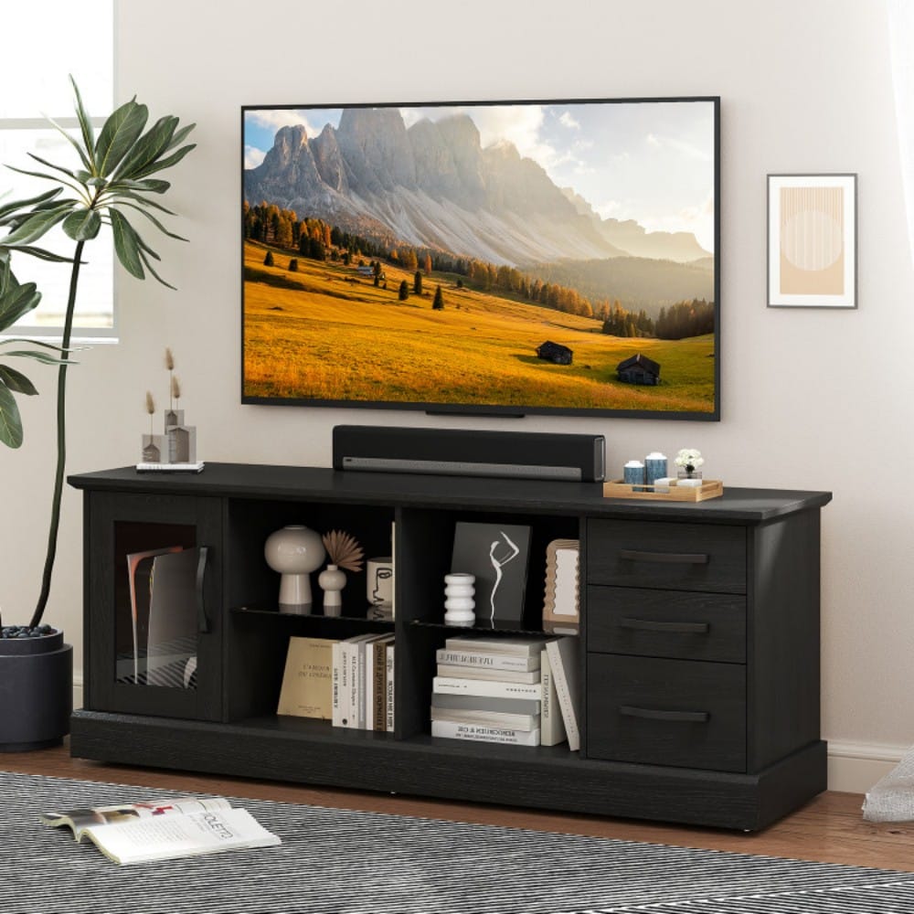 Fenbeli Modern Entertainment Center with Drawers Glass Shelves and Cabinets for TVs up to 73 Inches - Image 10