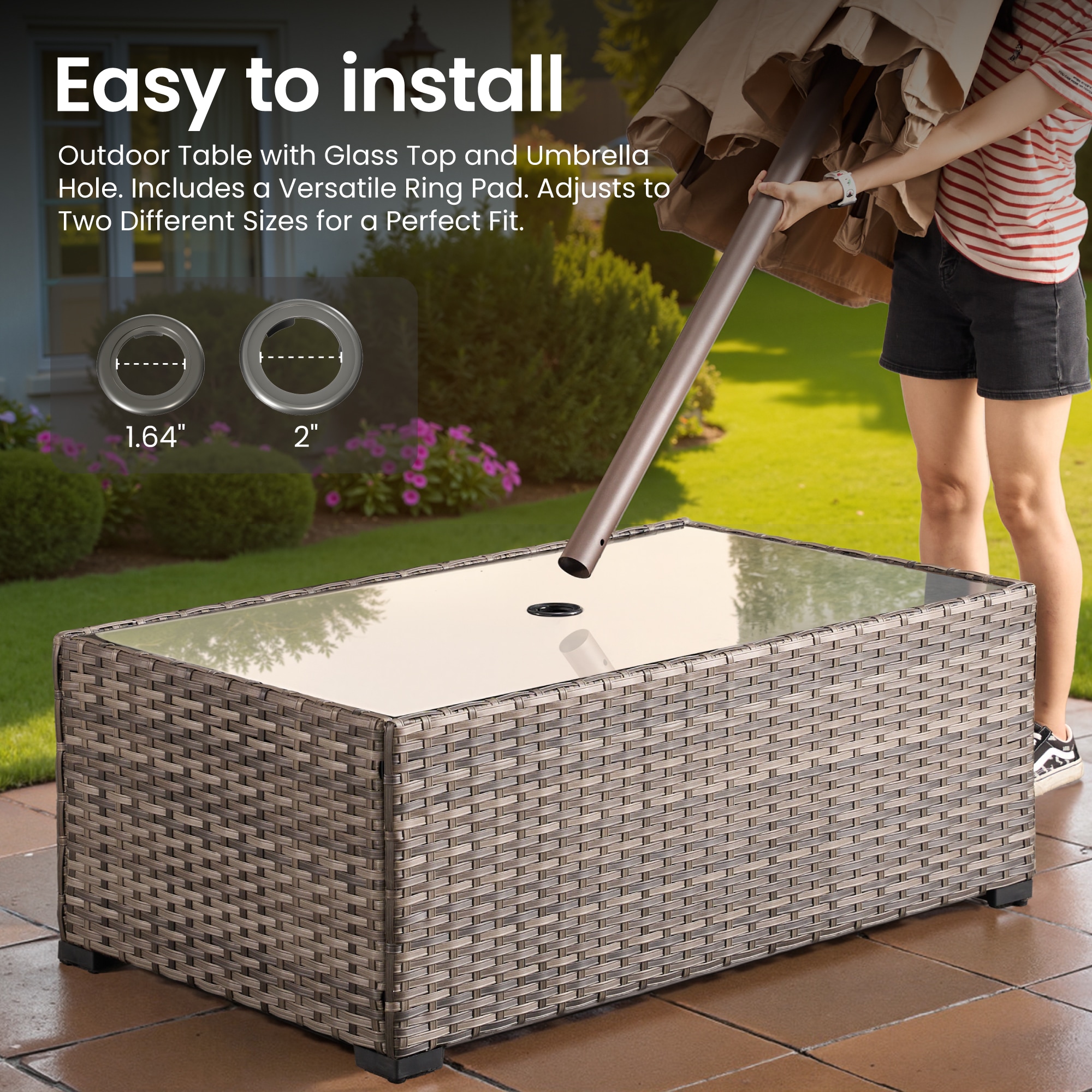 Ovios Rectangle Rattan Outdoor Coffee Table 27.56-in W x 47.24-in L with Umbrella Hole - Image 2