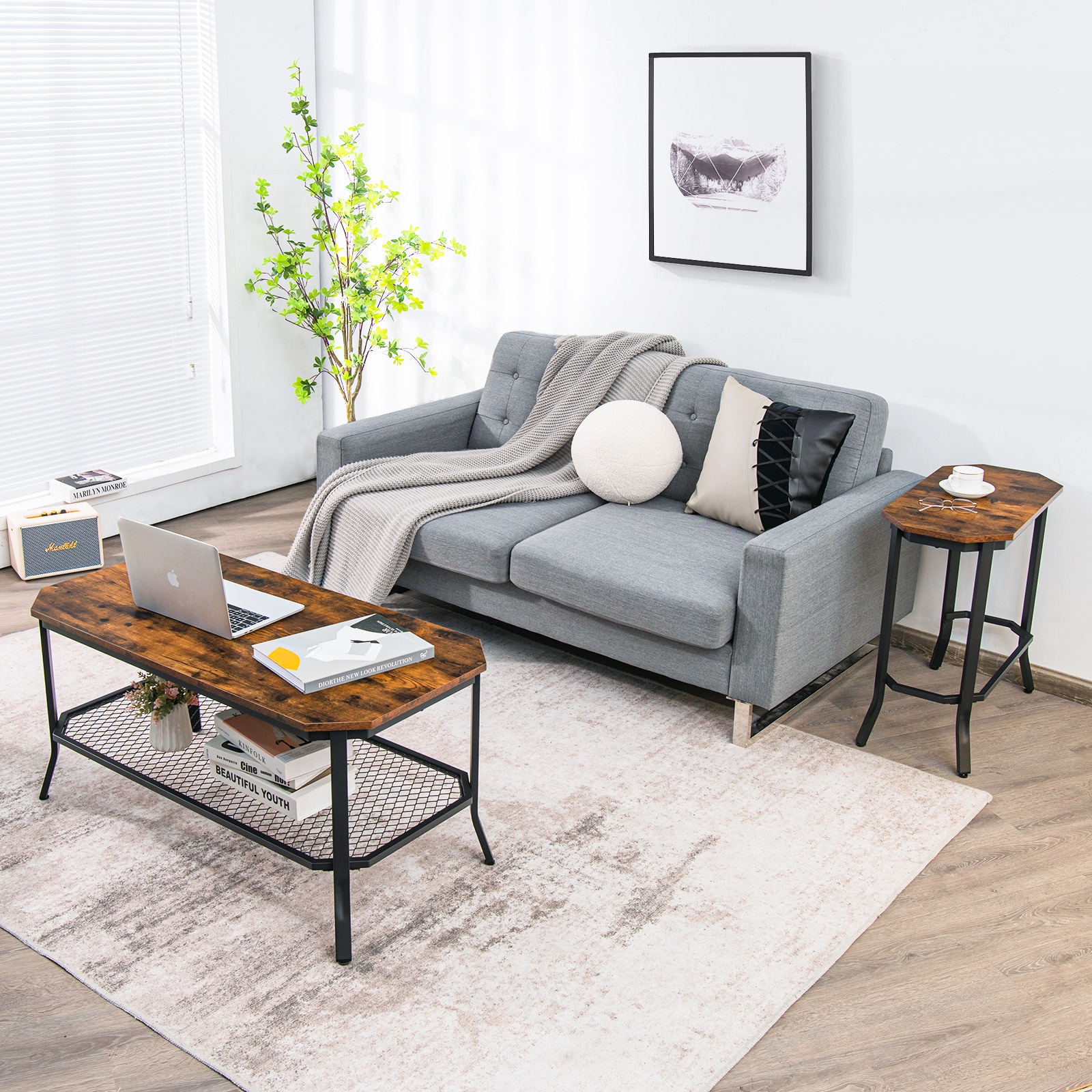 Slickblue Rustic 25.5W x 24.5H Brown Engineered Wood Octagonal Narrow End Table with Stable Steel Frame for Sofa Side or Bedside - Assembly Required - Image 2